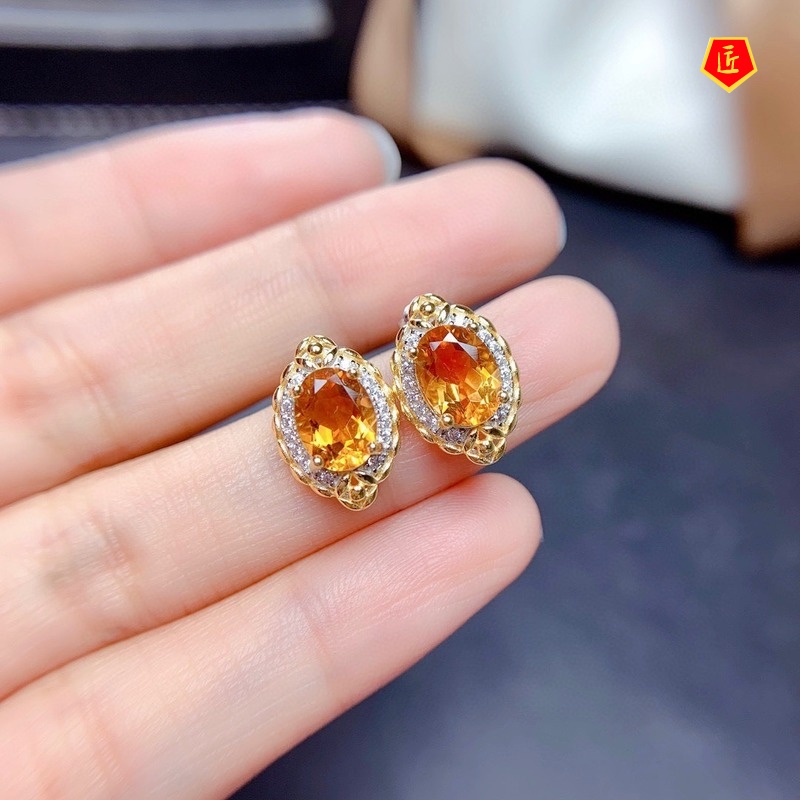 [Ready Stock]Boutique Natural Citrine Set Rings Stud Earrings