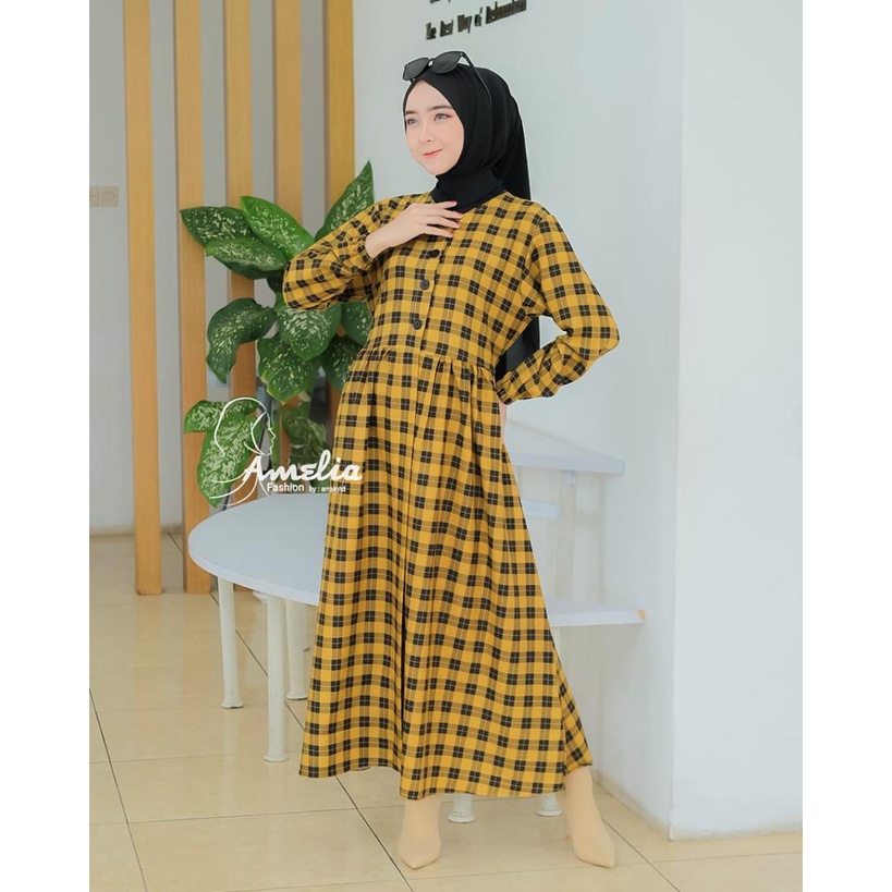 Midi Dress ori Amelia motif polka dan kotak square model cantik fashionable