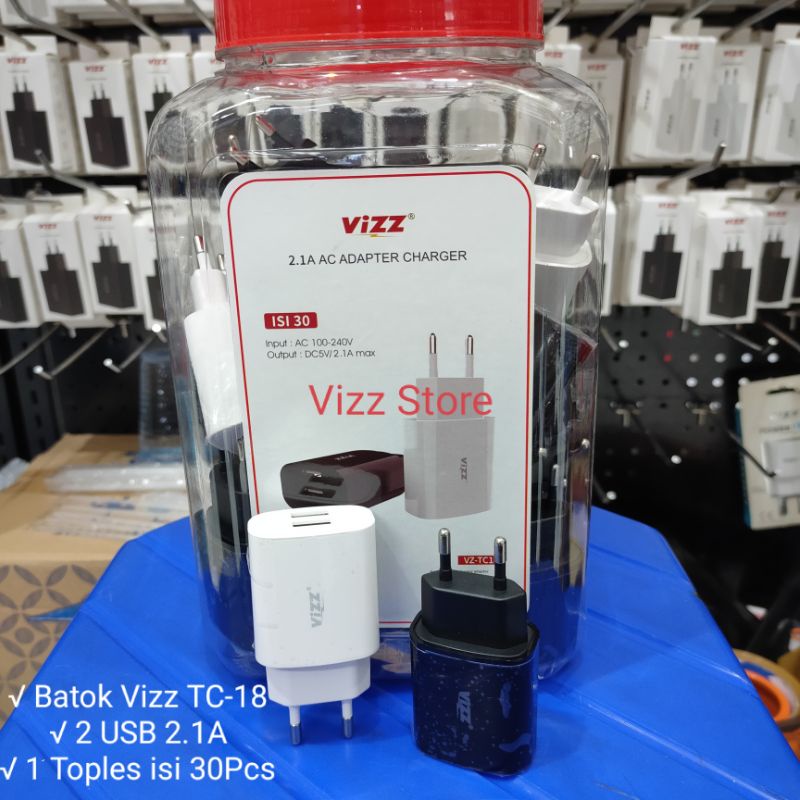 Adaptor Charger Vizz 2.1A 2 USB TC18 1 Toples 30Pcs ORIGINAL Vizz