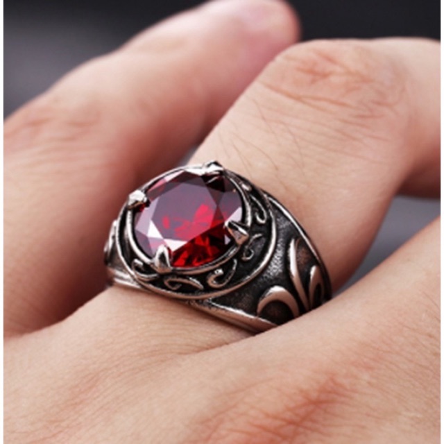 Cincin Pria Batu Red Ruby atau Rubi Merah Zircon Model Retro