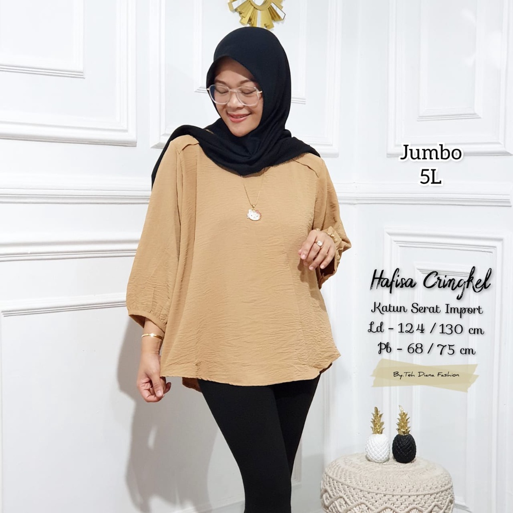 Atasan Wanita Jumbo / Baju Atasan Wanita Jumbo / Blouse Wanita Jumbo Import Hafisa Crinkle Polos Import Ld 124-Capucinno