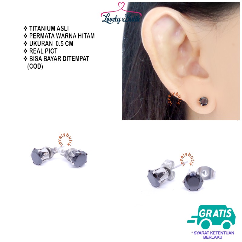 Lovelybutik Anting Anti karat Anting Tindik Wanita Titanium Crown Anting Permata Hitam