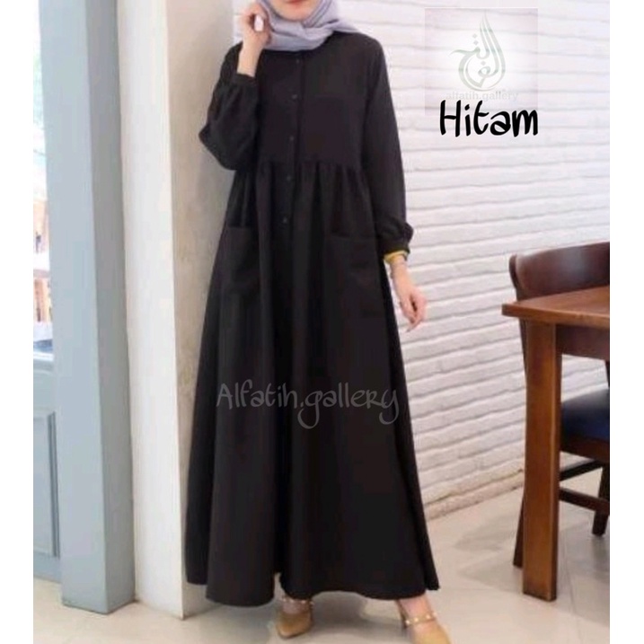 Gamis polos kancing bahan toyobo fodu | dress kancing saku luar