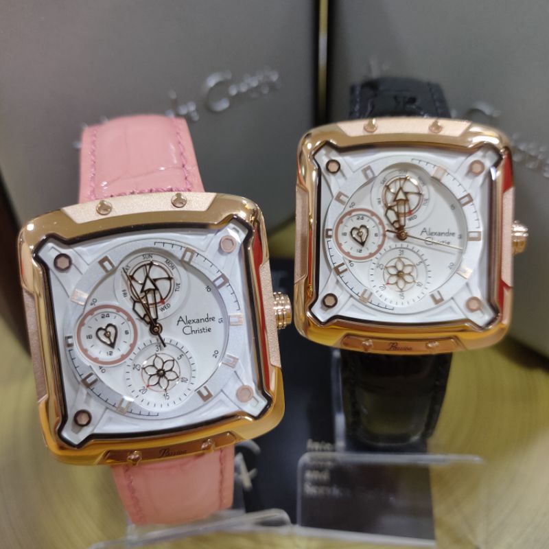 Jam Alexandre Christie AC 3030 BF LRG Wanita Rosegold Kulit Pink Hitam Segi