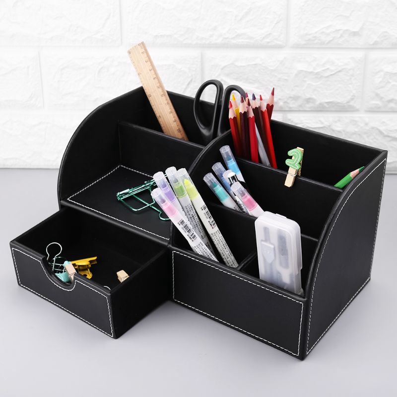 Compartments Leather Desktop Organizer Business Card Pen Pencil