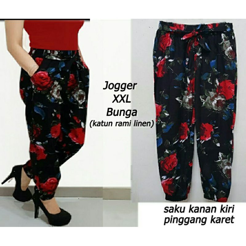 jogger XL bunga, celana, celana jogger, motif bunga, motif batik kekinian celana bahan katun,fashion