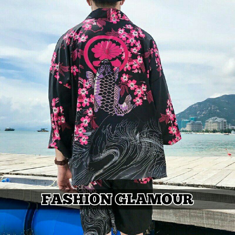 RE29 KIMONO IMPORT PRIA WANITA JEPANG FISH SAKURA ORIGINAL HANFU CARDINGAN HAORI BIG SIZE 3XL