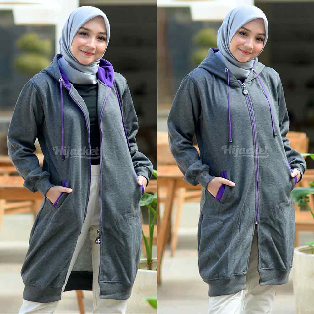 Jaket Jacket Polos Panjang Wanita Cewek Muslimah Hijabers Hoodie Kekinian Abu Tua Hijacket BC Misty-5