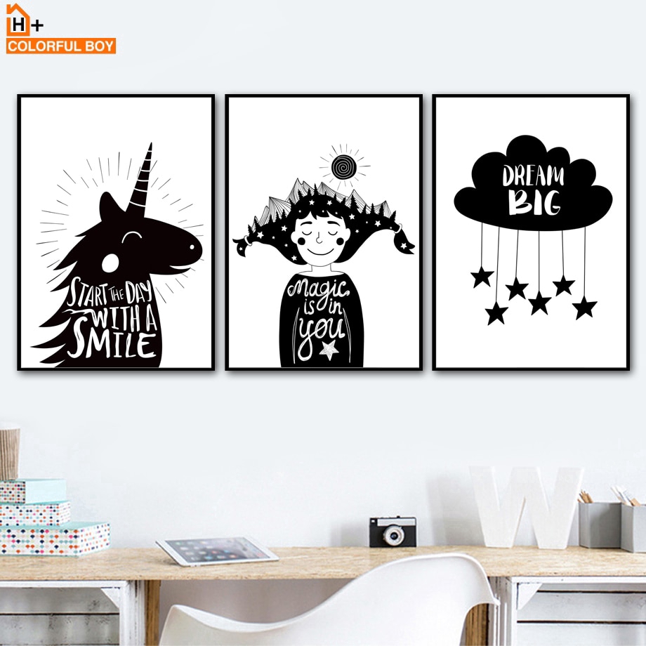 Colorfulboy Unicorn Boys Big Dream Wall Art Print Canvas Painting Poster Black White Wall Pictures Nordic Style Kids Decoration Shopee Indonesia