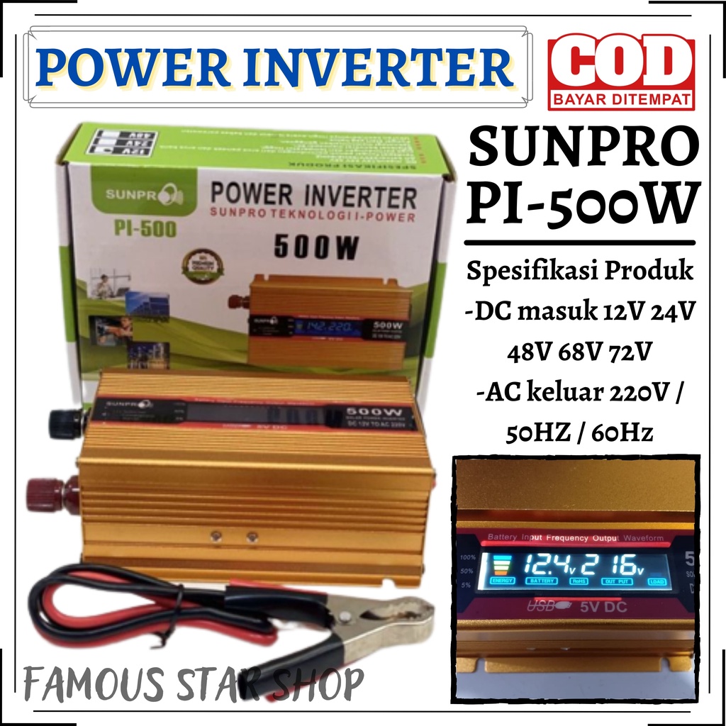 Inverter Power DC To AC 500 Watt Sunpro Pl-05 With USB 5V / Power Inverter 500 Watt Sunpro Pl-05~FMS