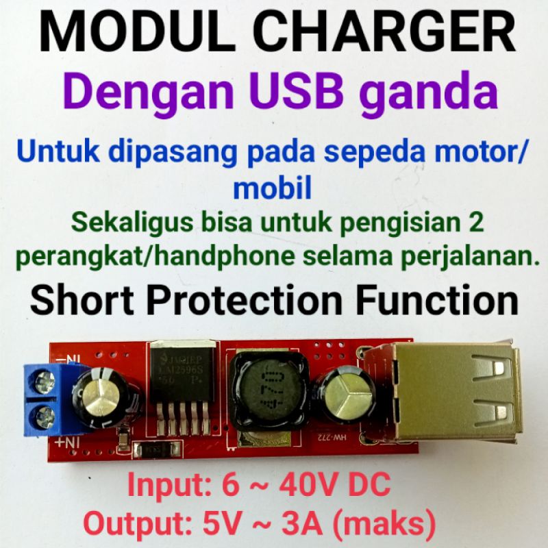 Modul charger HP/handphone/powerbank LM2596S DC - DC Dobel USB (dipasang di motor/mobil)