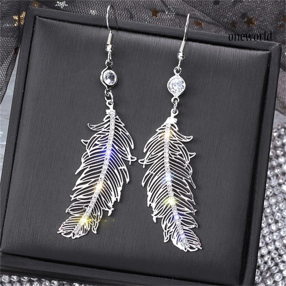 OW@ Hollow Long Feather Drop Rhinestone Metal-encrusted Hook Earrings Women Jewelry