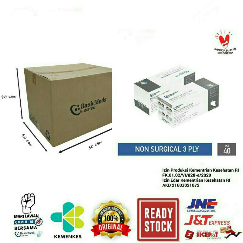 Masker Kesehatan 3Ply Non Medis BasicMeds Non Surgical Earloop Face Mask Basic Meds 1 Karton 50 Box