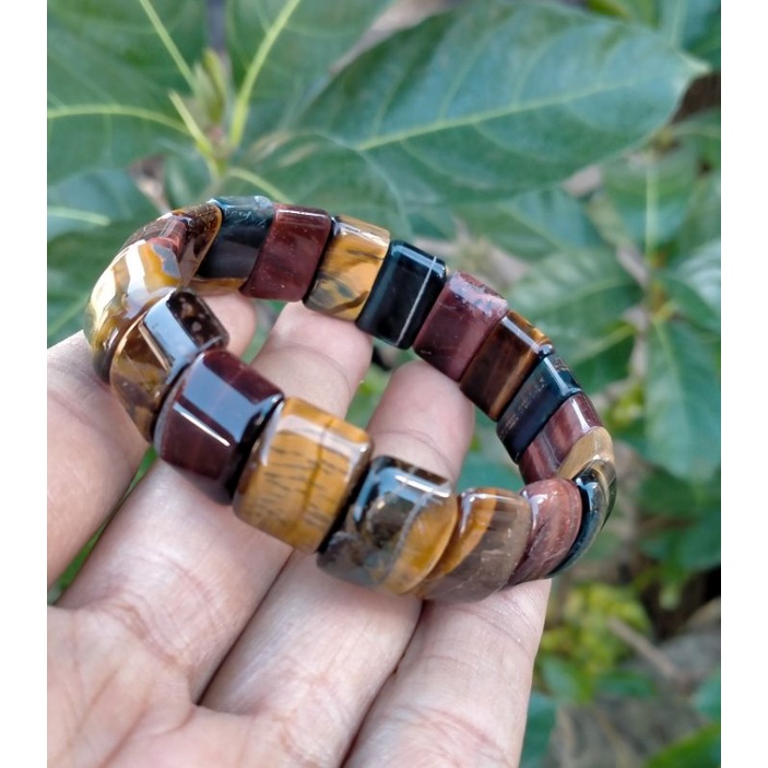 gelang batu Tiger eye motif kotak tali karet