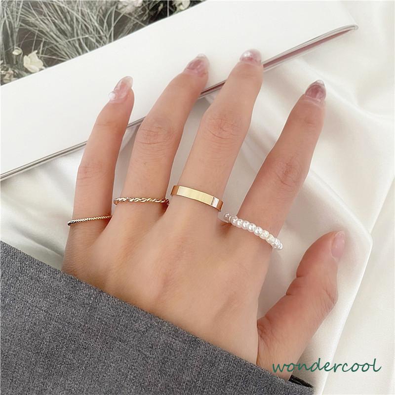 Korea Wanita Mutiara Cincin Wanita Emas Cincin Logam Set Fashion Perhiasan Aksesoris-Won