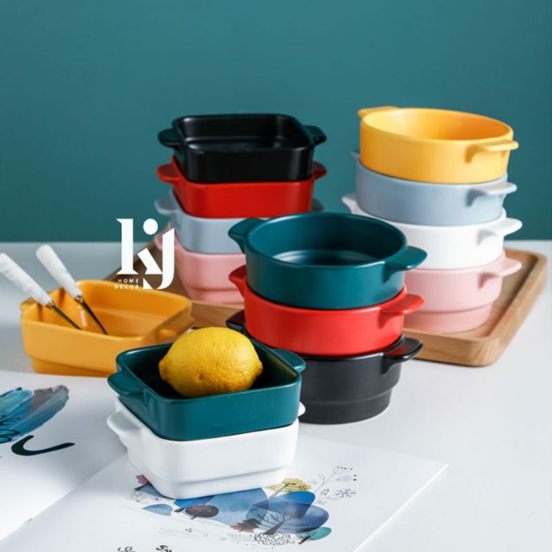 KJ - Ceramic Bowl Kotak / Mini Bowl Keramik Mangkok mangkok keramik saji nordic style dengan dua gagang tahan panas / ceramic porcelain bowl Mangkok Saji Keramik Warna Warni Tahan Panas Oven Microwave Safe
