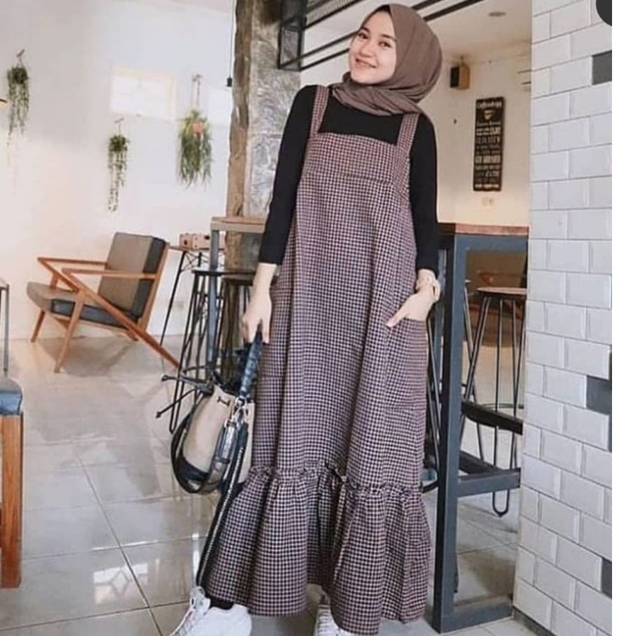 square overall bahan katun motif kotak tebal wanita terbaru gamis muslim jumbo oversize ld 105 saku