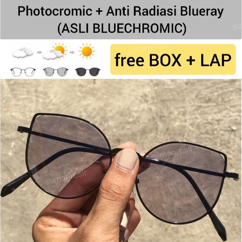 Kacamata Lensa Photocromic + Anti Radiasi Blueray BLUECROMIC Photochromic Pria Wanita Berubah Warna Hitam Gelap Bluechromic model kucing cat eye