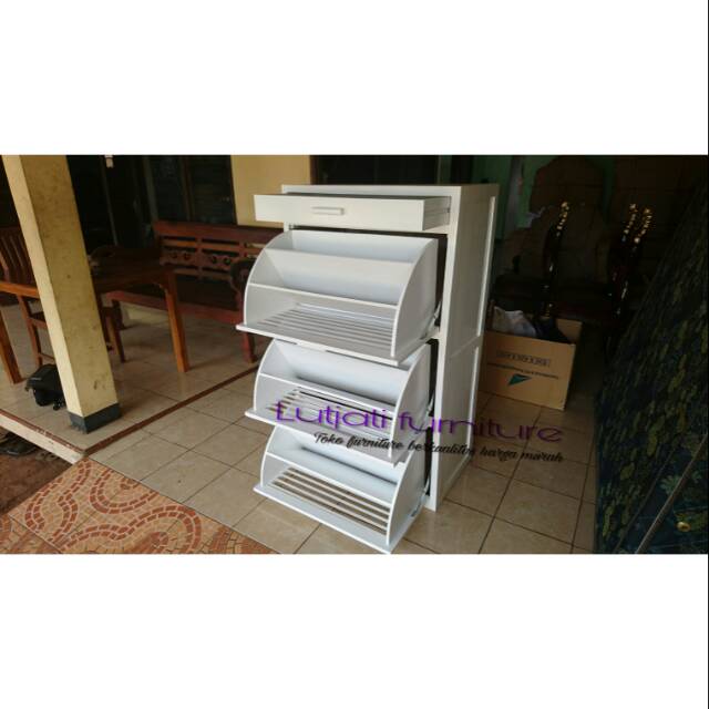 Rak sepatu minimalis kayu jati cat duco warna putih