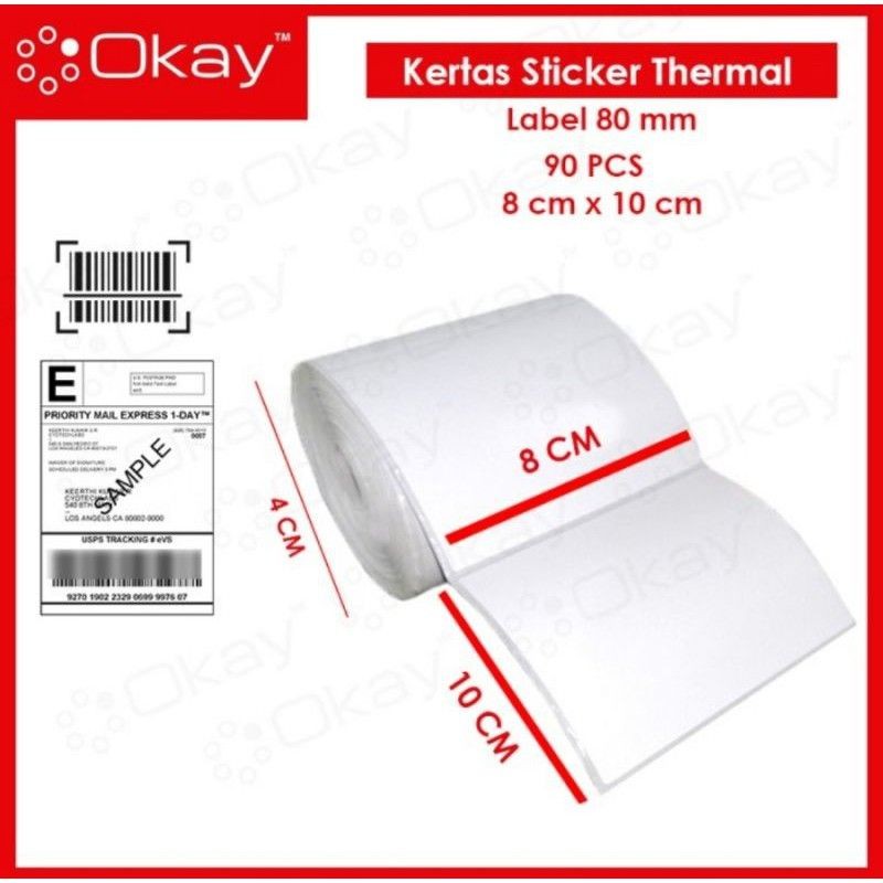 

Okay Kertas Thermal Label Sticker 80X100 mm ISI 90 PCS / LEMBAR Untuk Printer Label