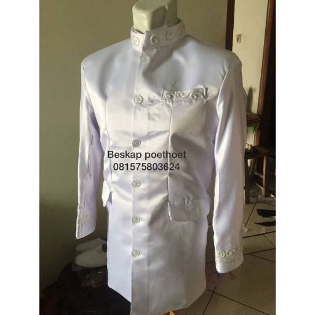 Jas beskap pengantin basofi muslim putih panjang set celana dan peci