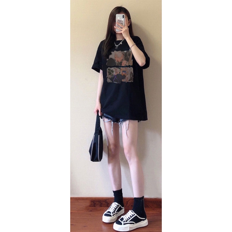 baju kaos wanita painting pattern lengan pendek kaos korean style oversize hitam t-shirt