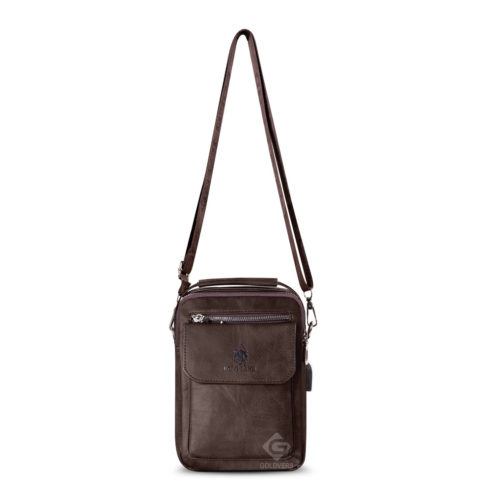 Tas Selempang Pria Kulit Slempang Pria Slingbag Cowok POLO LAND MULTIFUNGSI + FREE KABEL USB - Distributor