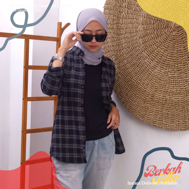 B.S_other wanita Kemeja lengan panjang Ootd Wanita Hijab Kardigan bluse hem Kotak kotak Flanel wanit