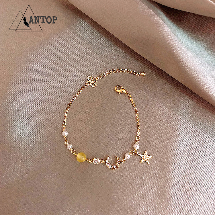 Gelang Liontin Bintang Dan Bulan Gaya Gelang Bangle Mutiara Aksen Pita Gaya Korea Untuk Wanita Women Jewelry Accessories Gifts ANTOP