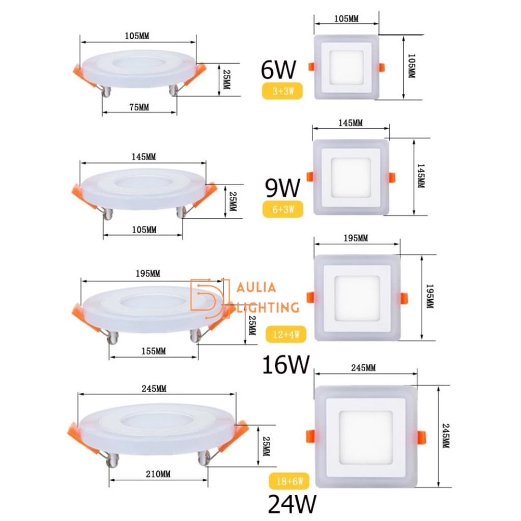 Lampu Downlight LED 2 Warna Putih Biru Kuning 3 Step 6w + 3w Panel IB inbow Bulat Kotak 6 Watt +  3 Watt Bulat 9W Hias Plafon tanam kamar tidur 5 inch