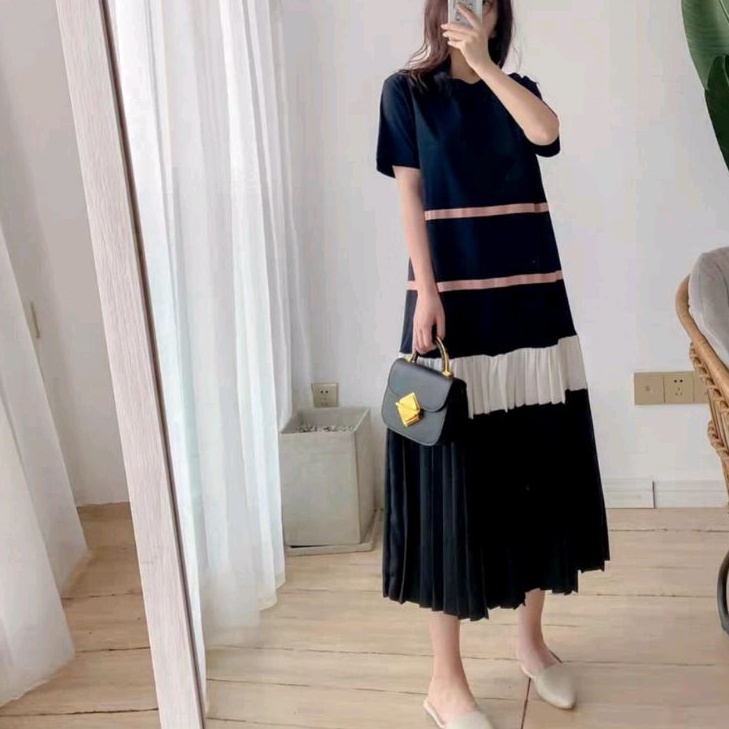 83810 Baju midi dress gaun loose bawah plisket hitam Korean style wanita import baju minidress midid