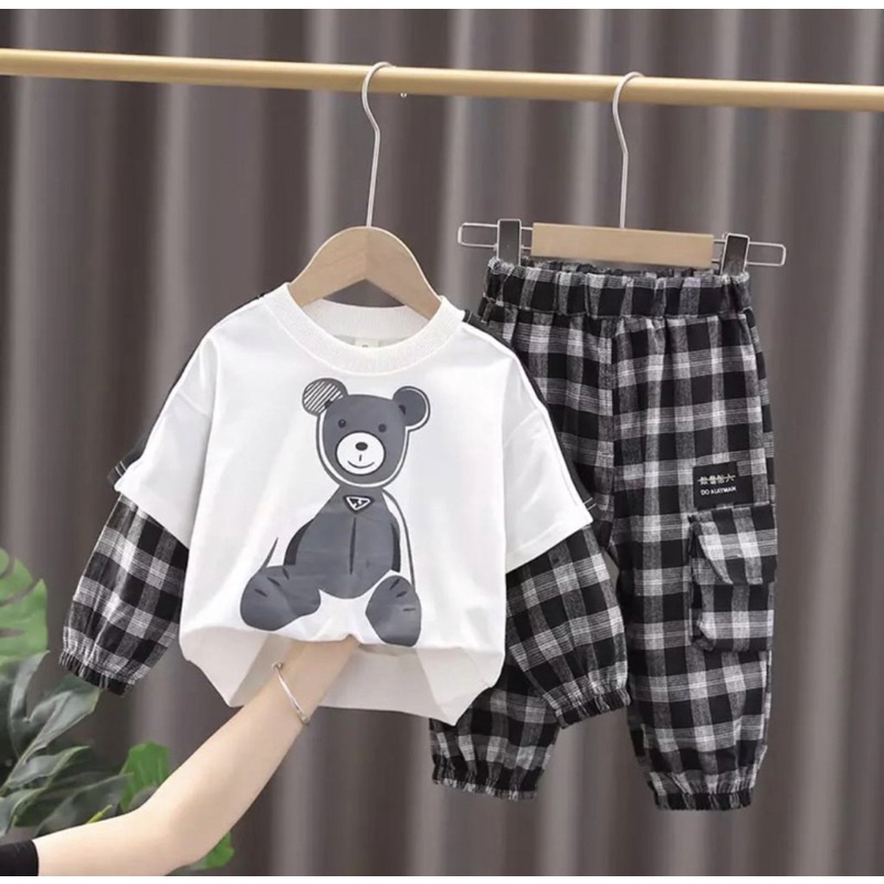 setelan anak baju dan celana anak laki laki motif panda celana kotak kotak 1-5 tahun