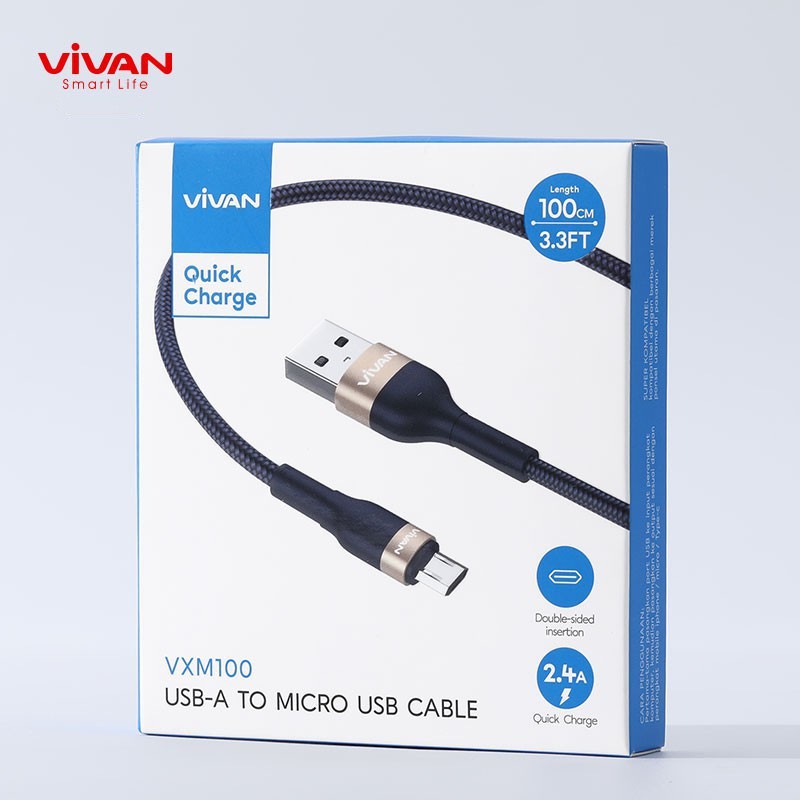 Kabel Data VIVAN VXM100 Micro USB Android 1M Fast Charging 2.4A - Garansi Resmi 1 Tahun