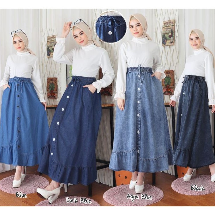 Rok jeans panjang/Rok Jeans Kancing Depan / Rok Rempel