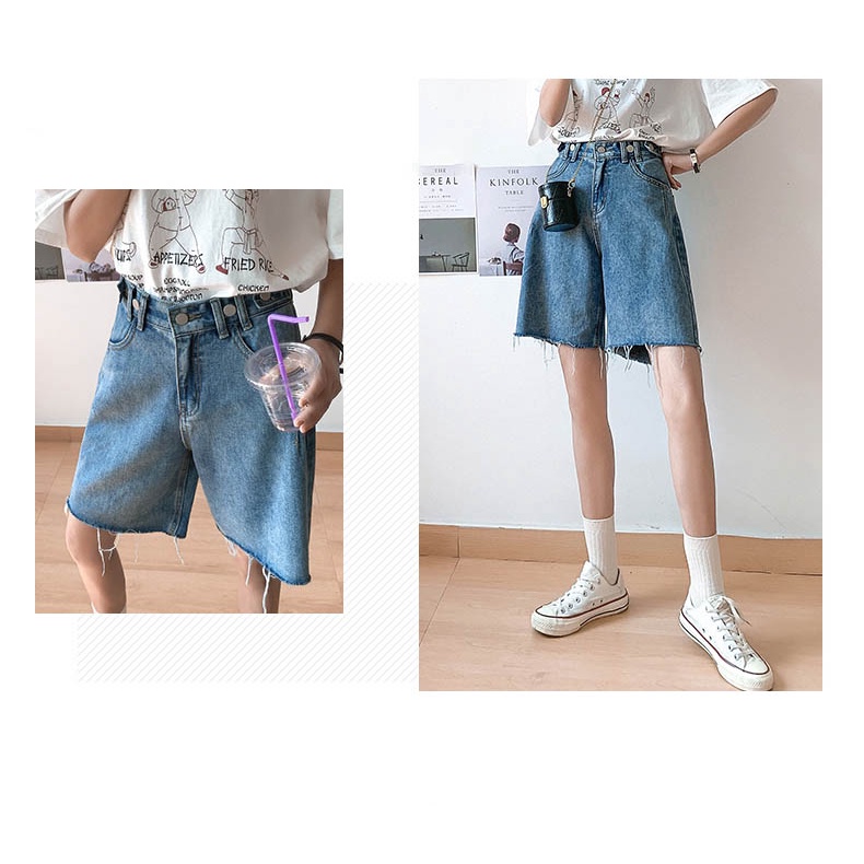 New Korean Highwaist Wanita Warna Biru Rawis Celana Pendek Denim