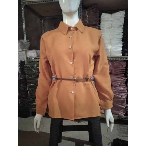 Kemeja Wanita Korea Style Jumbo Lengan Pendek Terkini 2021-Mustard