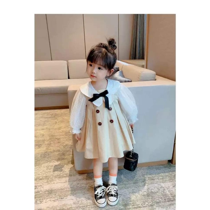 Dress Anak Perempuan Ribbon Puff Coffee Cream