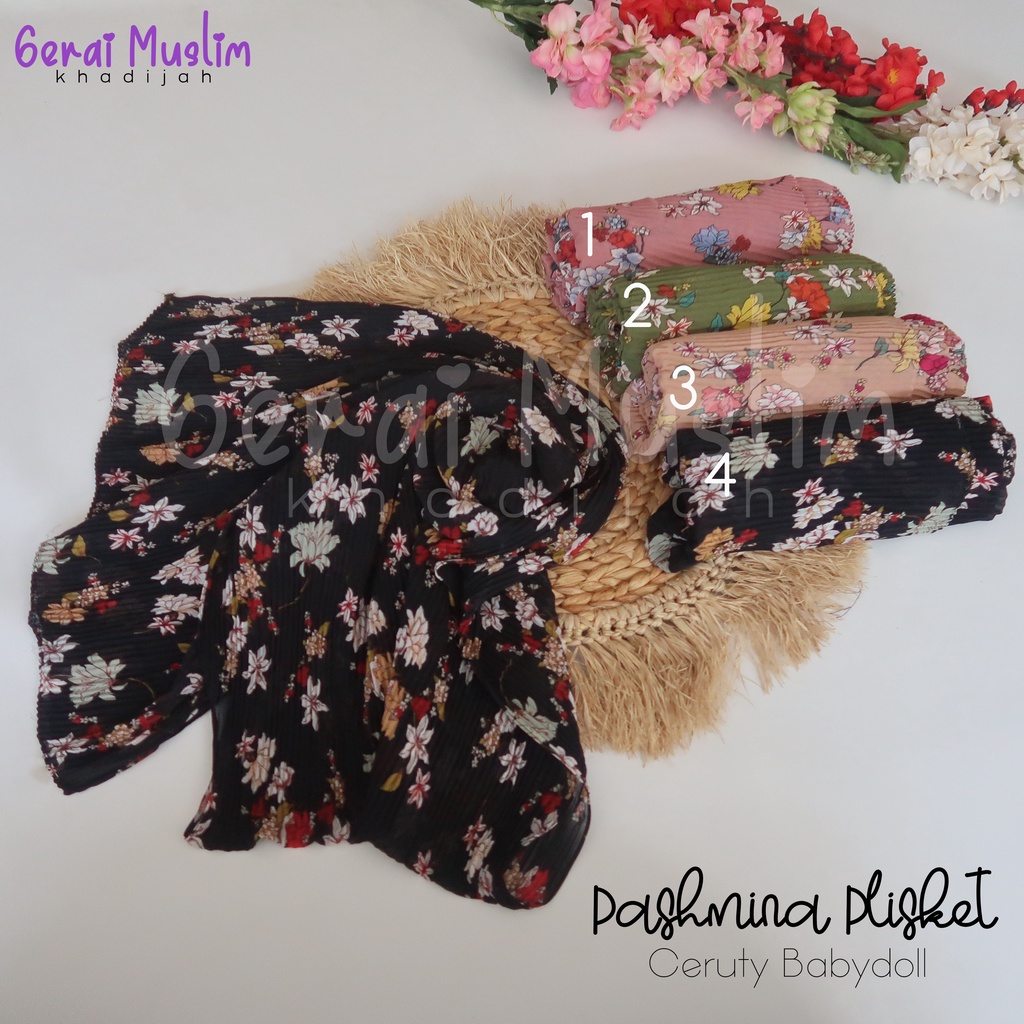 JILBAB PASHMINA PLISKET MOTIF BUNGA TERBARU CERUTY BABYDOLL ORI IMA HIJAB / HIJAB CANTIK TERBARU