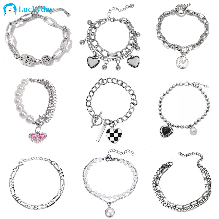 YEEZII Set Gelang Rantai Silver Hias Liontin / Hati / Kupu-Kupu /  Papan Catur Gaya Retro Untuk Wanita