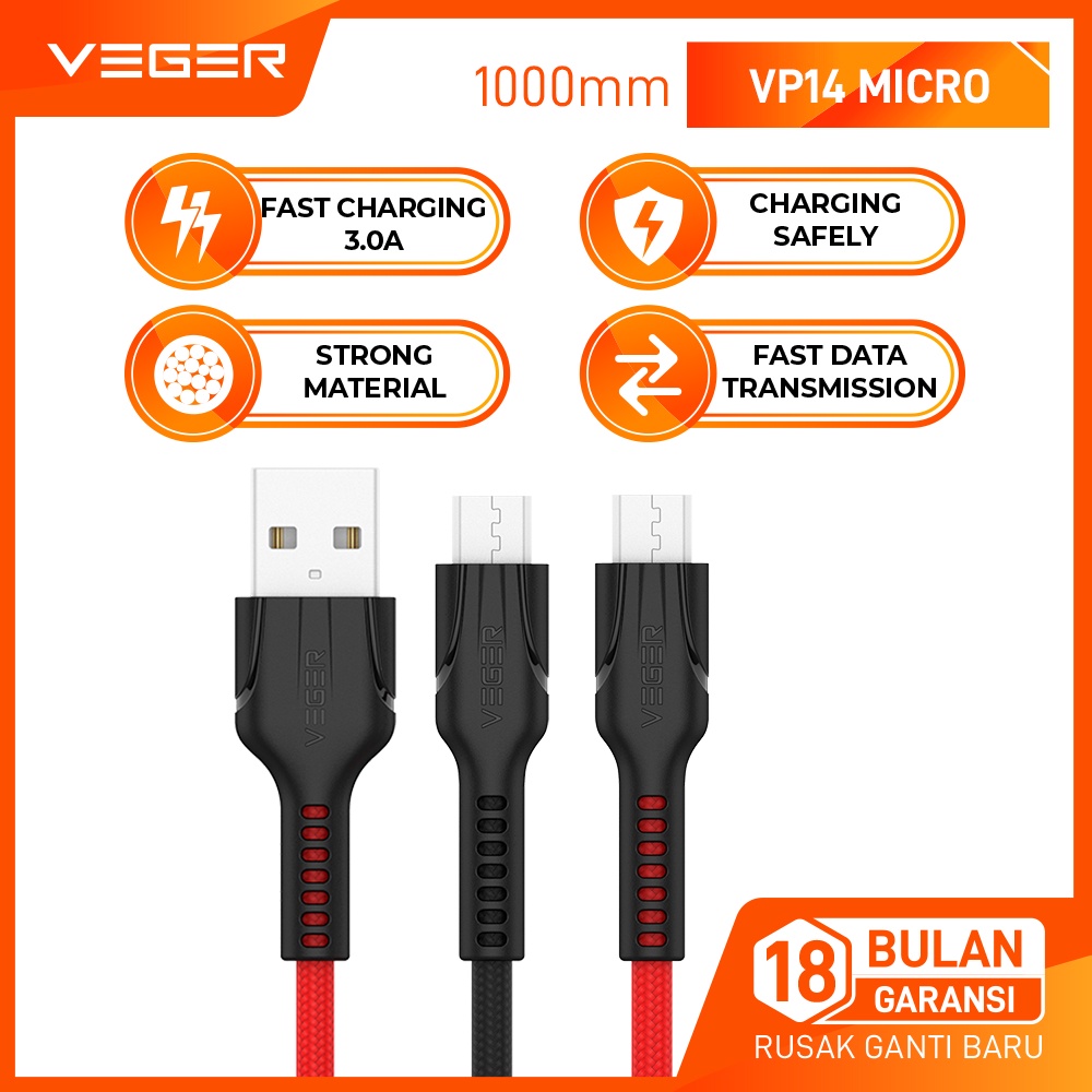 VEGER Durable Kabel Data Cable USB MICRO VP-14 QC 3.0 3.0A Quick charge Fast Charging High Speed 1000mm