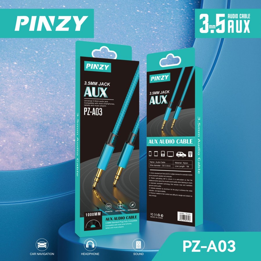 PINZY A03 Kabel Audio AUX 3.5mm HIGH QUALITY MATERIAL NYLON 1meter AUX CABLE