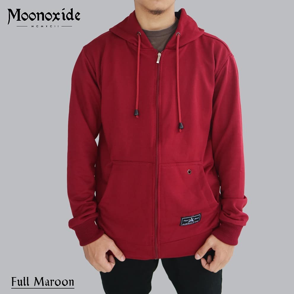 COD Sweater Pria Moonoxide Zipper / Jaket Pria Hodie Original Distro Fleece Tebal Merah Maroon Polos