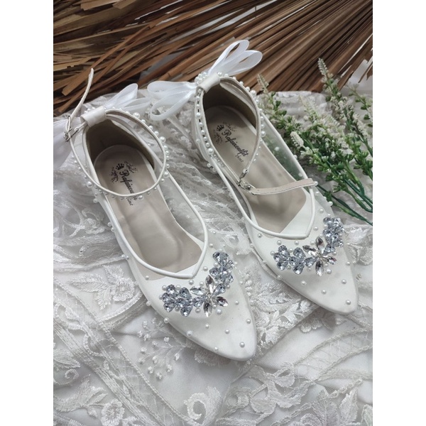 sepatu pesta wedding wanita v merrisa putih tali pita 2cm tahu