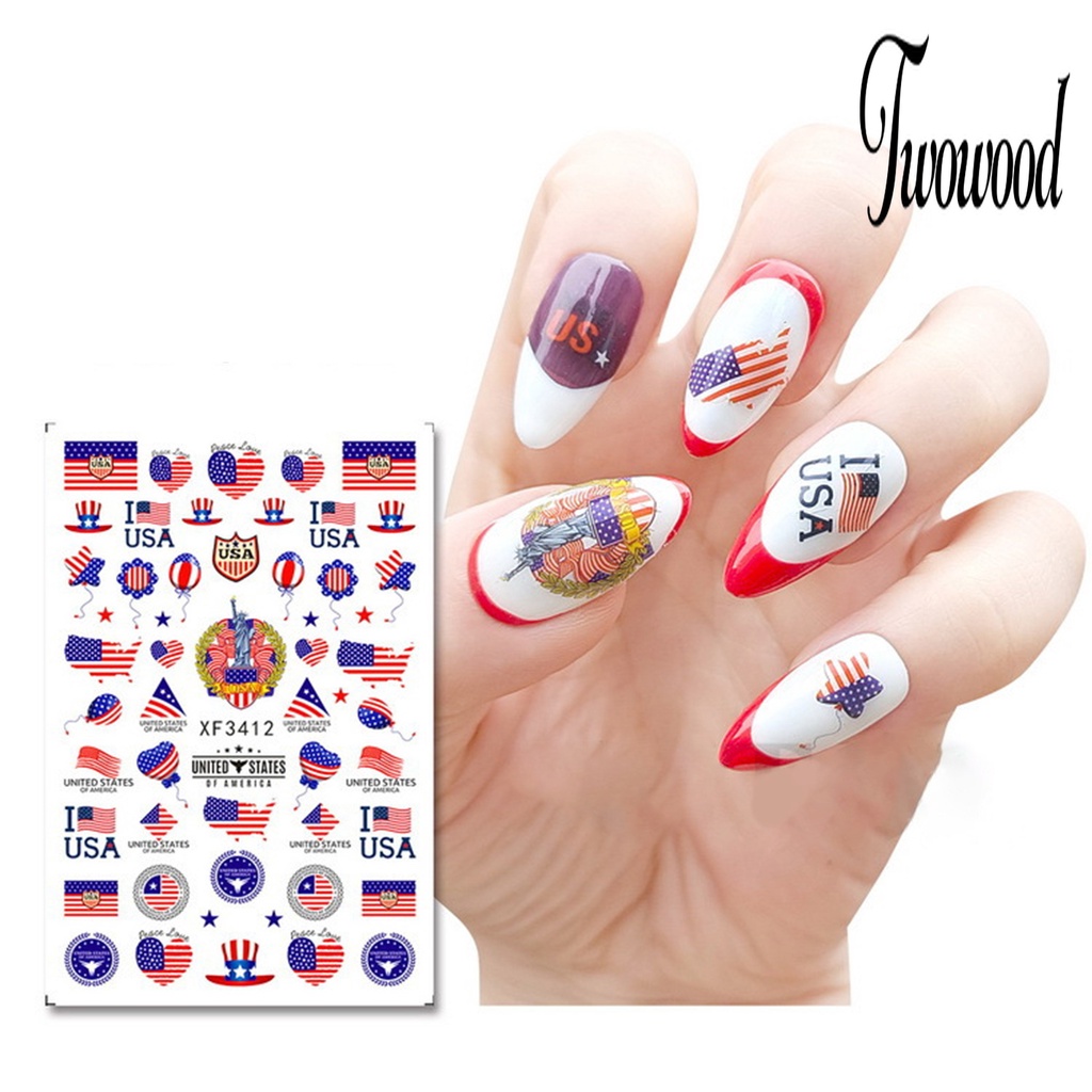 Twowood Stiker Kuku Ultra Tipis Motif Bendera Amerika / National Day Untuk Nail Art