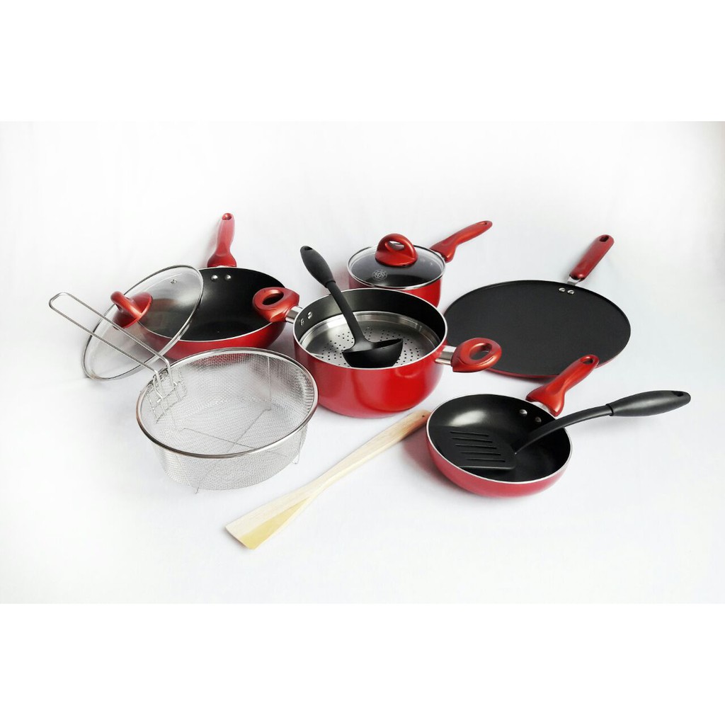 Panci Set Supra 12 Pcs Cookware Rosemary Anti Lengket Warna Merah