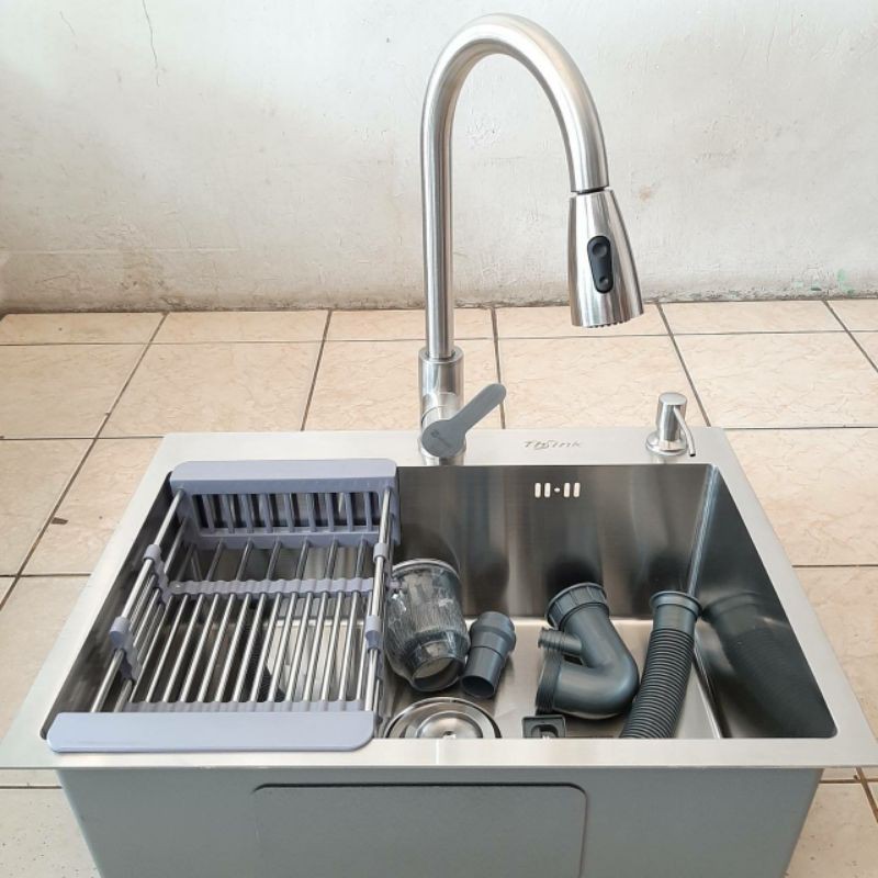 Paket Lengkap Kitchen Sink Thsink 6045 Kran Panas Dingin / Bak Cuci Piring Kran Tarik Panas Dingin