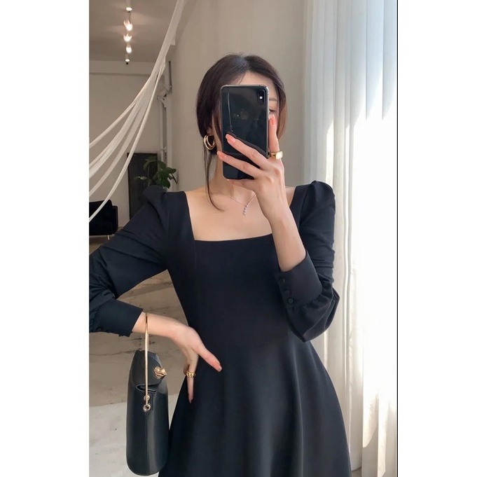 XIAOZHAINV Dress Wanita Korean Style Lengan Panjang Hitam H6673