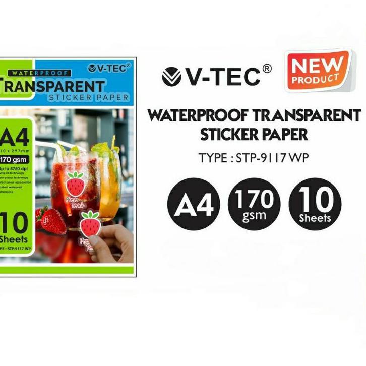 

Miliki 1 PAK = 10 LMBR Stiker Transparant Inkjet Photo Paper Vtec A4 170 gsm / Kertas Sticker Transparan .