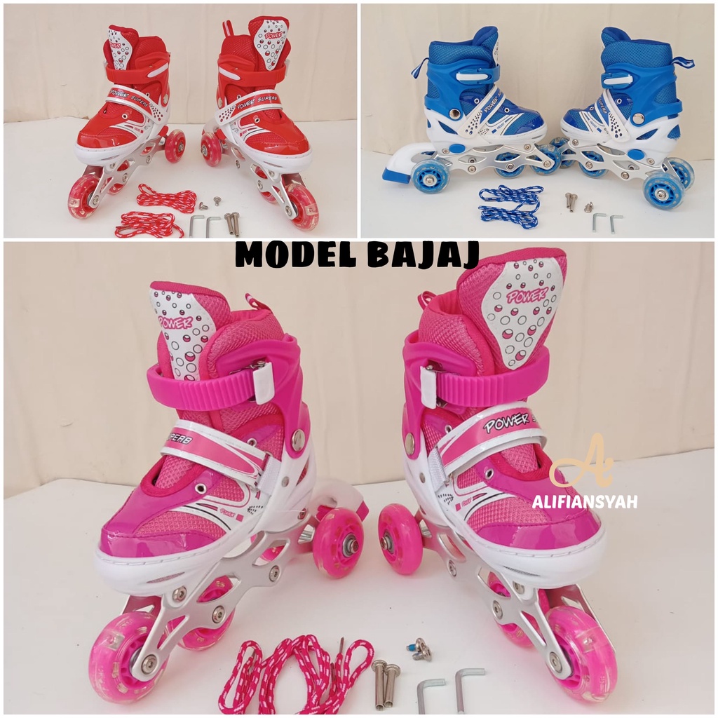 Sepatu Roda Model Bajaj Fullset Helm dan Pelindung POWER SUPERB Bisa Model Mobil dan Sejajar