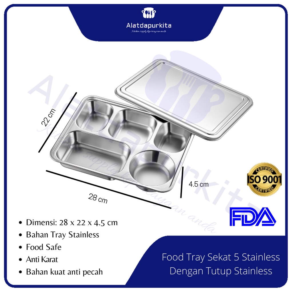 food tray piring stainless steel lunch box set 5 sekat tebal dengan tutup stenlis tempat makan bekel